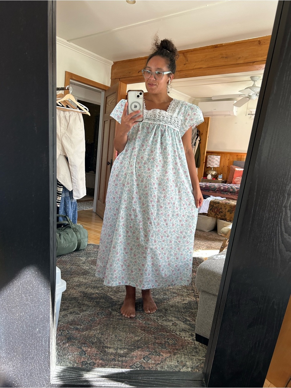Floral Lace Yoke Maxi Nightgown - Light Mint & Pink